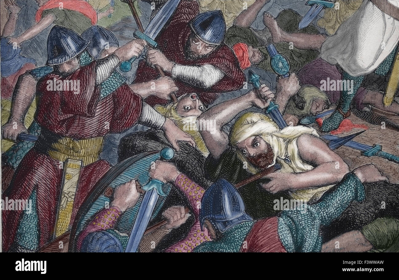 Spagna. Conquista di Valencia. El Cid (1043-1099). Battaglia di Cuarte, 1094. I cristiani e l'esercito di Moresco. Incisione di J. Severini. Foto Stock