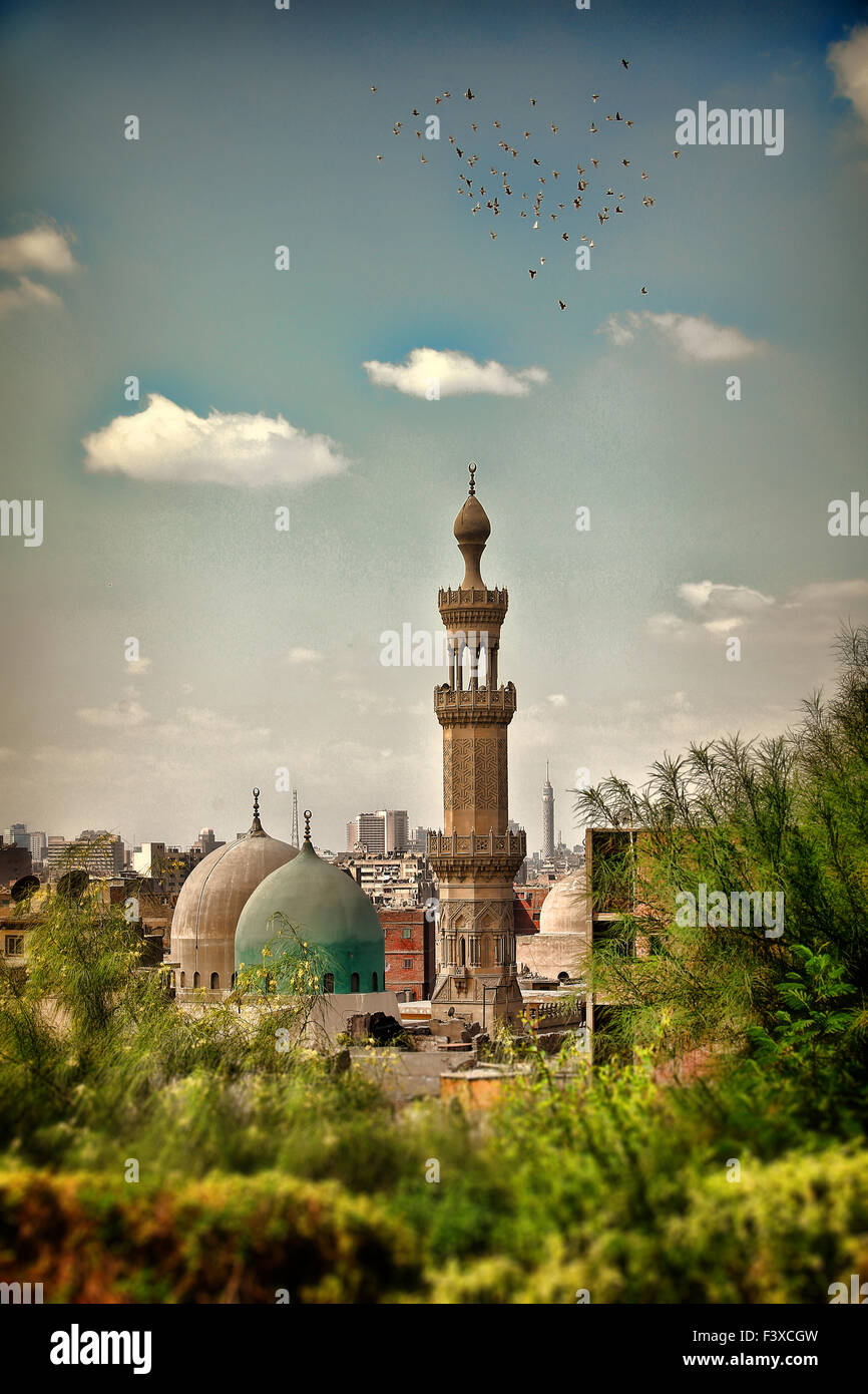 Un moschee guardando oltre il Cairo .. shot preso forma el Azhar Park . Foto Stock