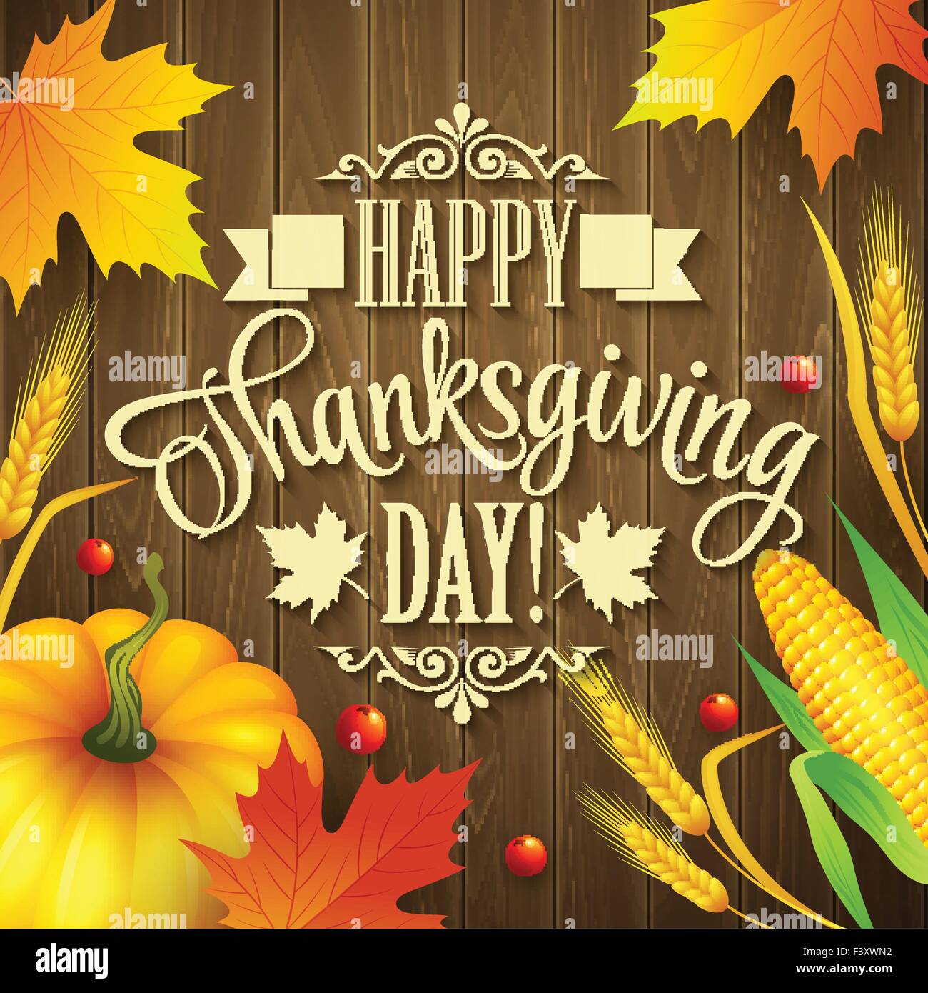 Disegnata a mano ringraziamento biglietto di auguri con foglie di zucca e spica su uno sfondo di legno. Illustrazione Vettoriale Illustrazione Vettoriale