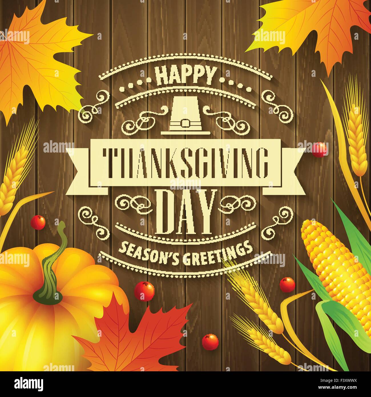 Disegnata a mano ringraziamento biglietto di auguri con foglie di zucca e spica su uno sfondo di legno. Illustrazione Vettoriale Illustrazione Vettoriale
