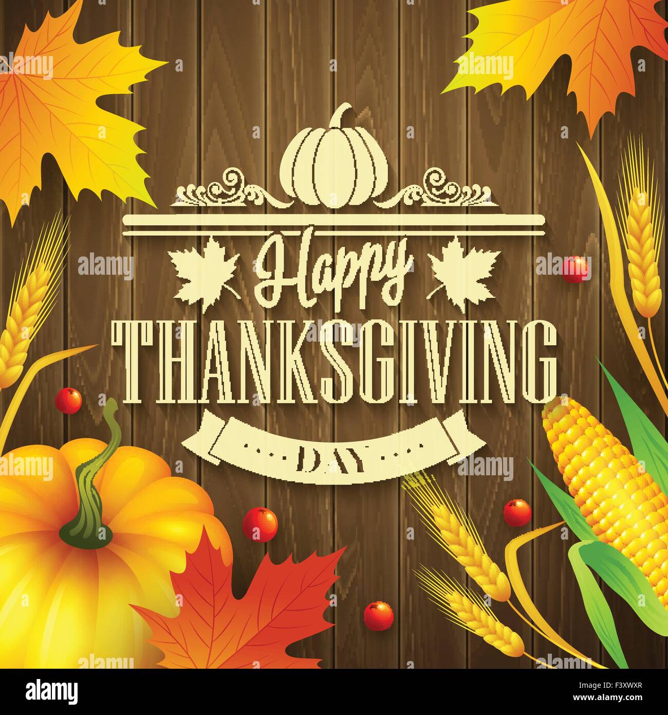 Disegnata a mano ringraziamento biglietto di auguri con foglie di zucca e spica su uno sfondo di legno. Illustrazione Vettoriale Illustrazione Vettoriale