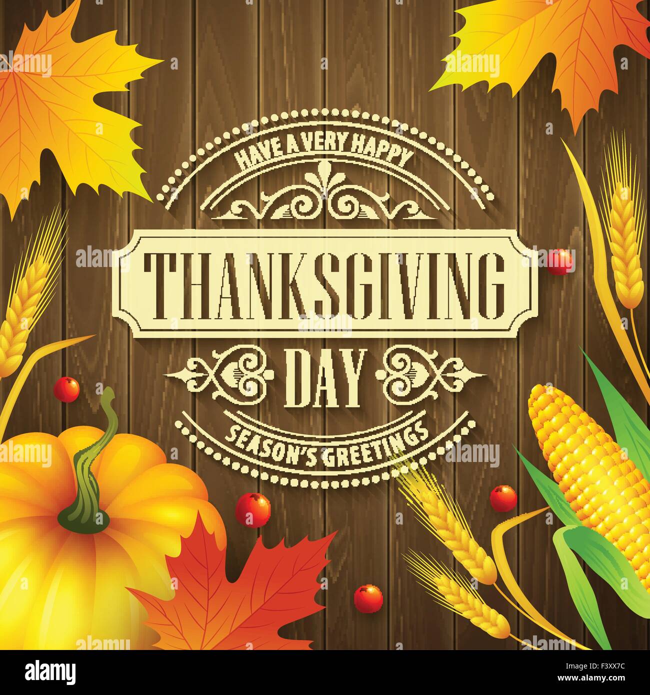 Disegnata a mano ringraziamento biglietto di auguri con foglie di zucca e spica su uno sfondo di legno. Illustrazione Vettoriale Illustrazione Vettoriale