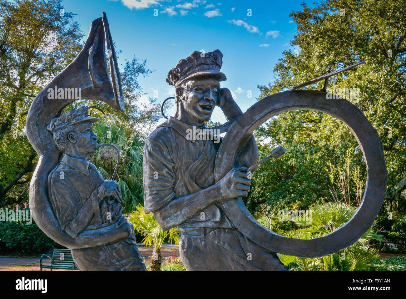 Dettaglio del New Orleans banda di ottoni scultura a Louis Armstrong Park, situato nel quartiere di Treme, New Orleans, LA Foto Stock