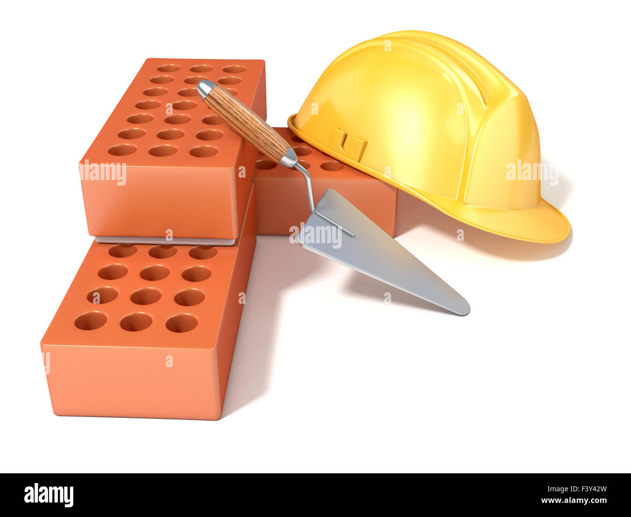 Casco di sicurezza con round forati e cazzuola. 3D render illustrazione, isolato sullo sfondo bianco. Lato, angolo di visualizzazione. Foto Stock