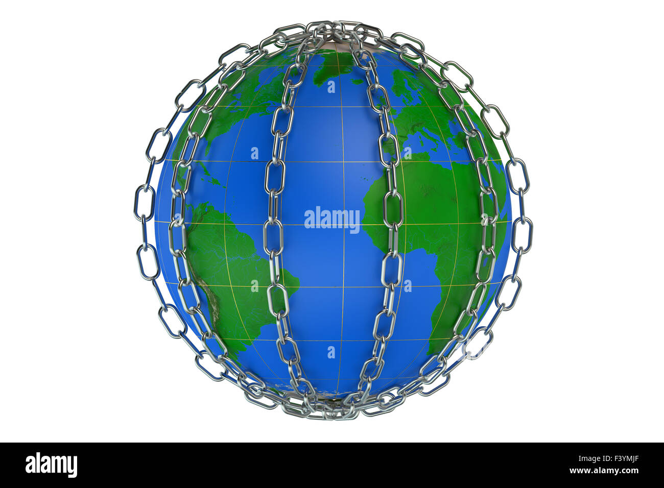 Mondo in catene isolati su sfondo bianco Foto Stock