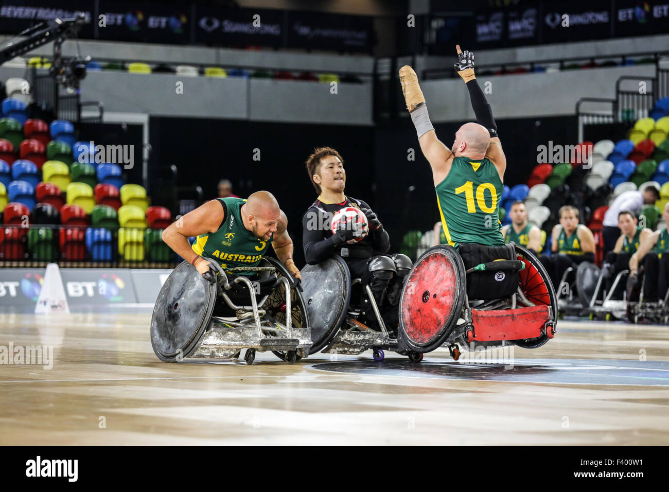 Australia batte Giappone 65-62 al mondo Rugby in carrozzina Challanege a Coperbox, Queen Elizabeth Park, London, Regno Unito. 13 ottobre, 2015. copyright carol moiré/Alamy live news. Foto Stock