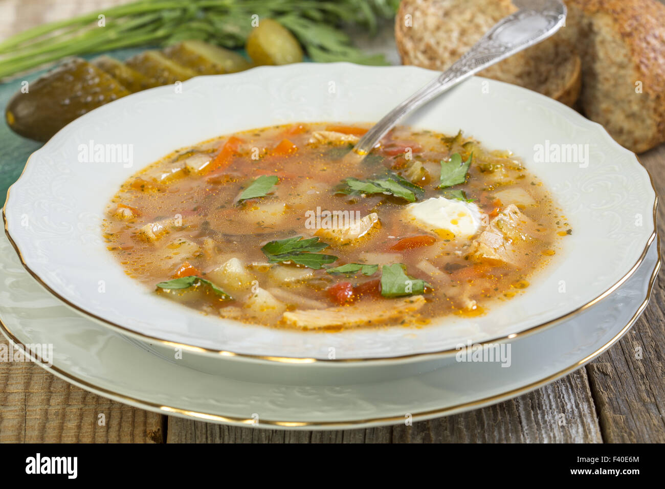 Piastra con la tradizionale zuppa di russo. Foto Stock