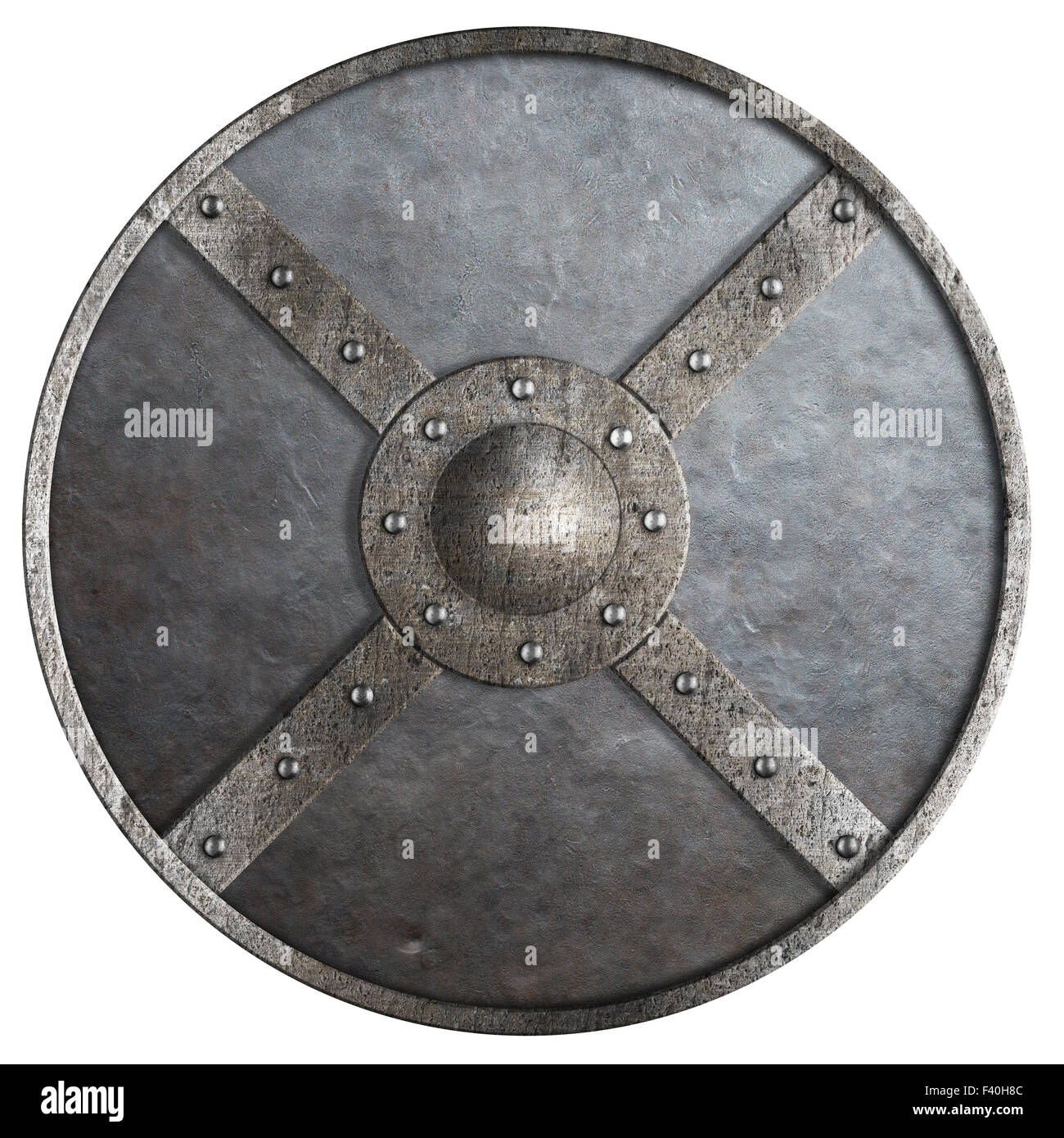 Metallo scudo rotondo isolato su bianco Foto Stock