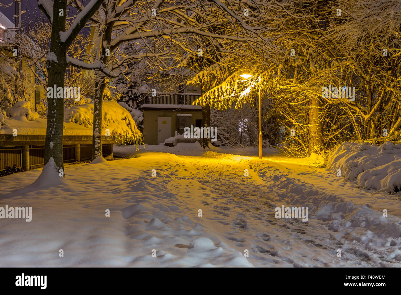 Snowy via di notte Foto Stock
