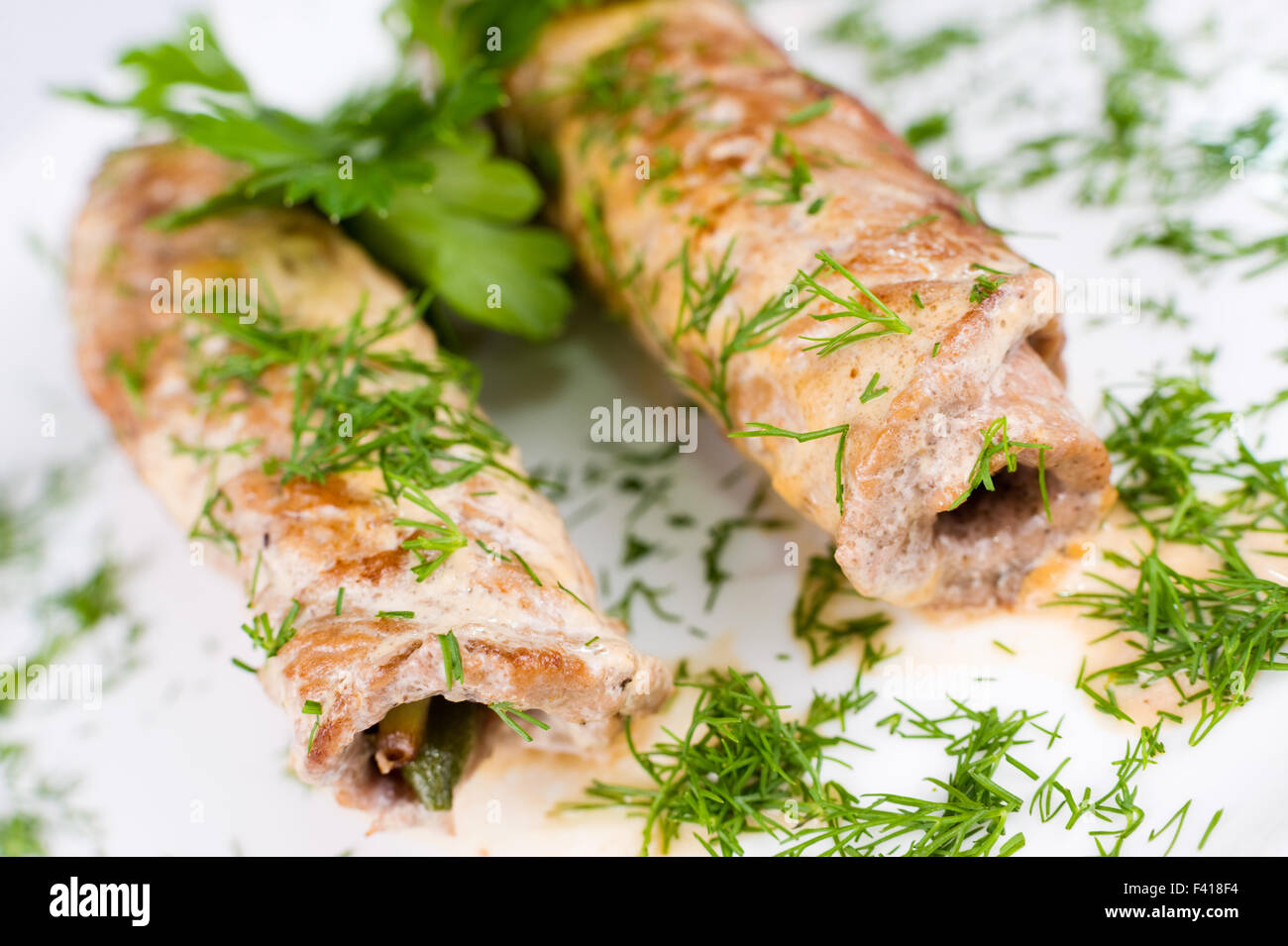Carne arrosto rotoli, macro Foto Stock