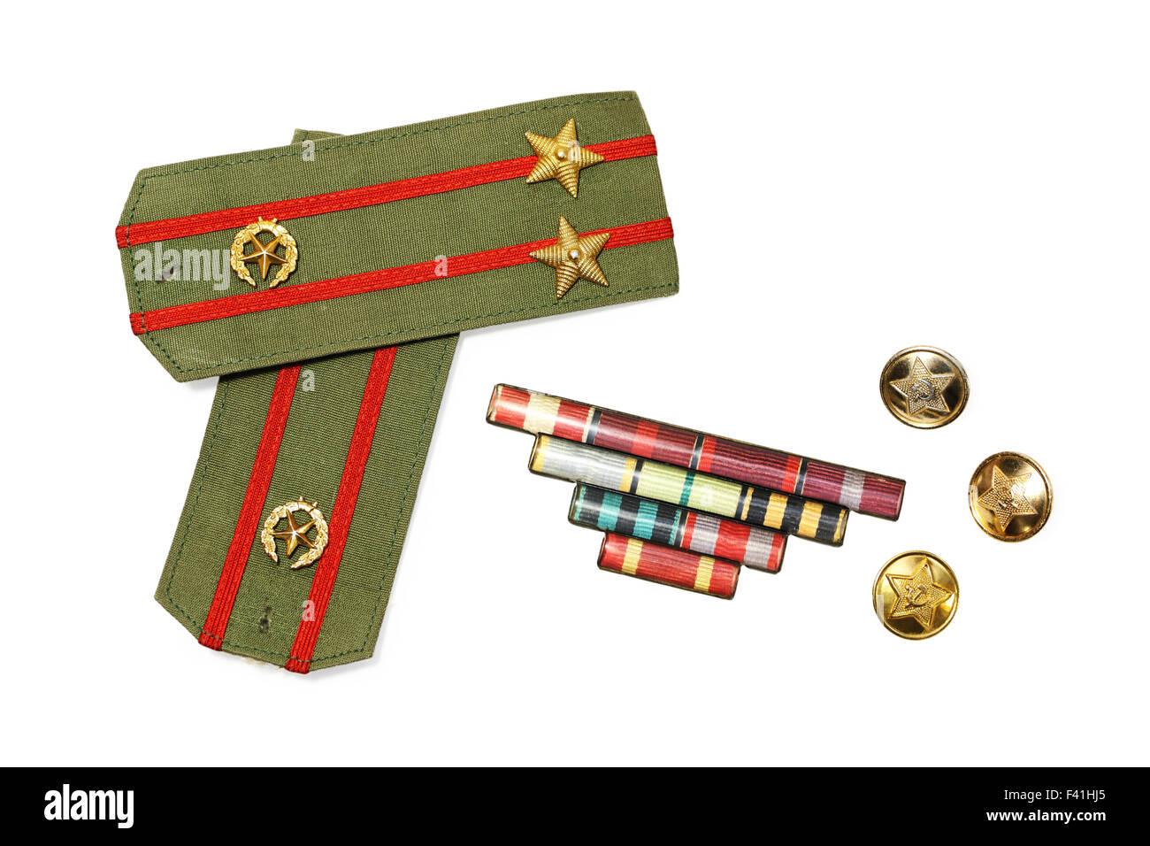 Epaulettes, medaglia ribbon e pulsanti Foto Stock