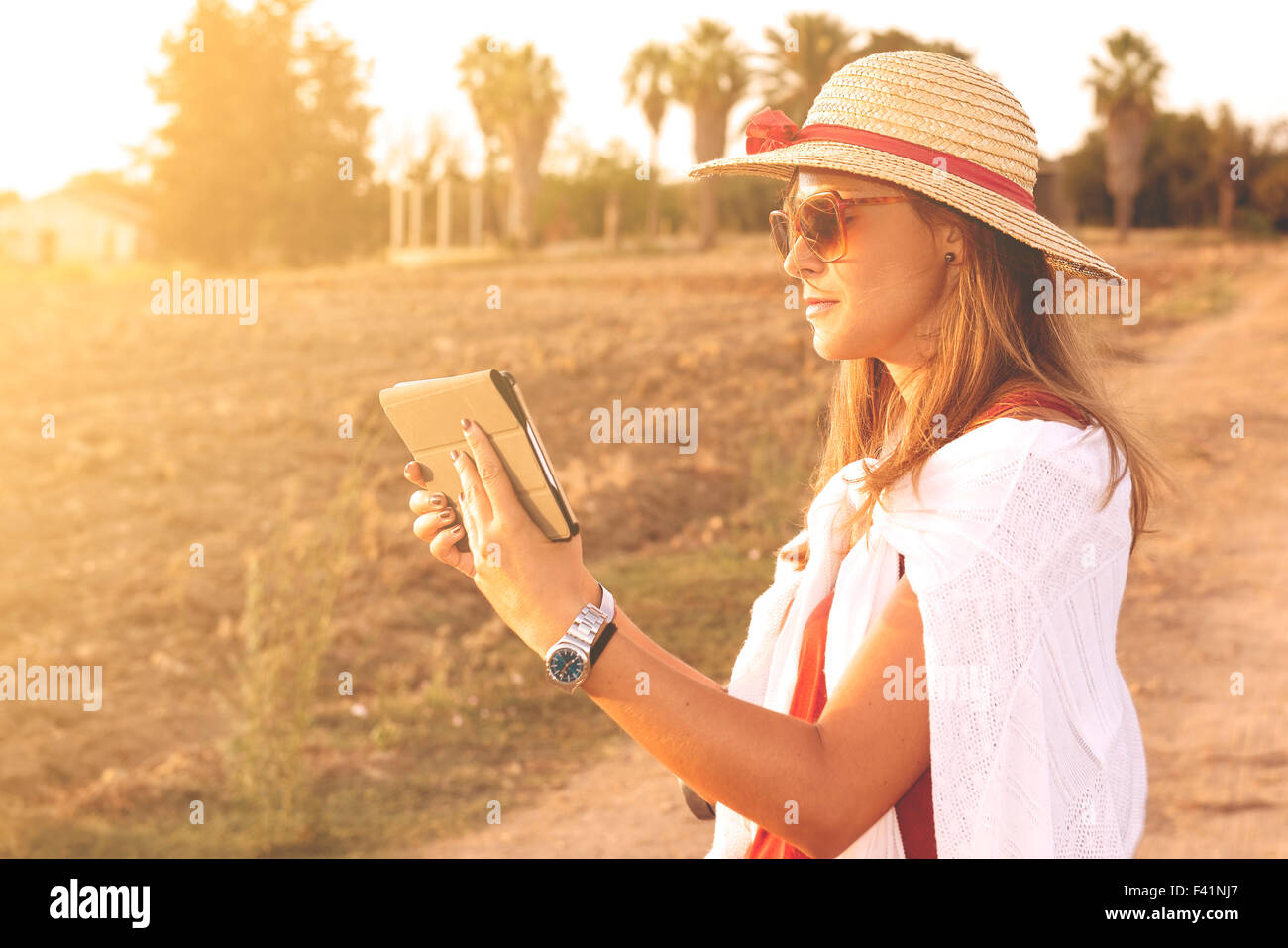 Giovane donna in campagna che lavorano su tablet Foto Stock