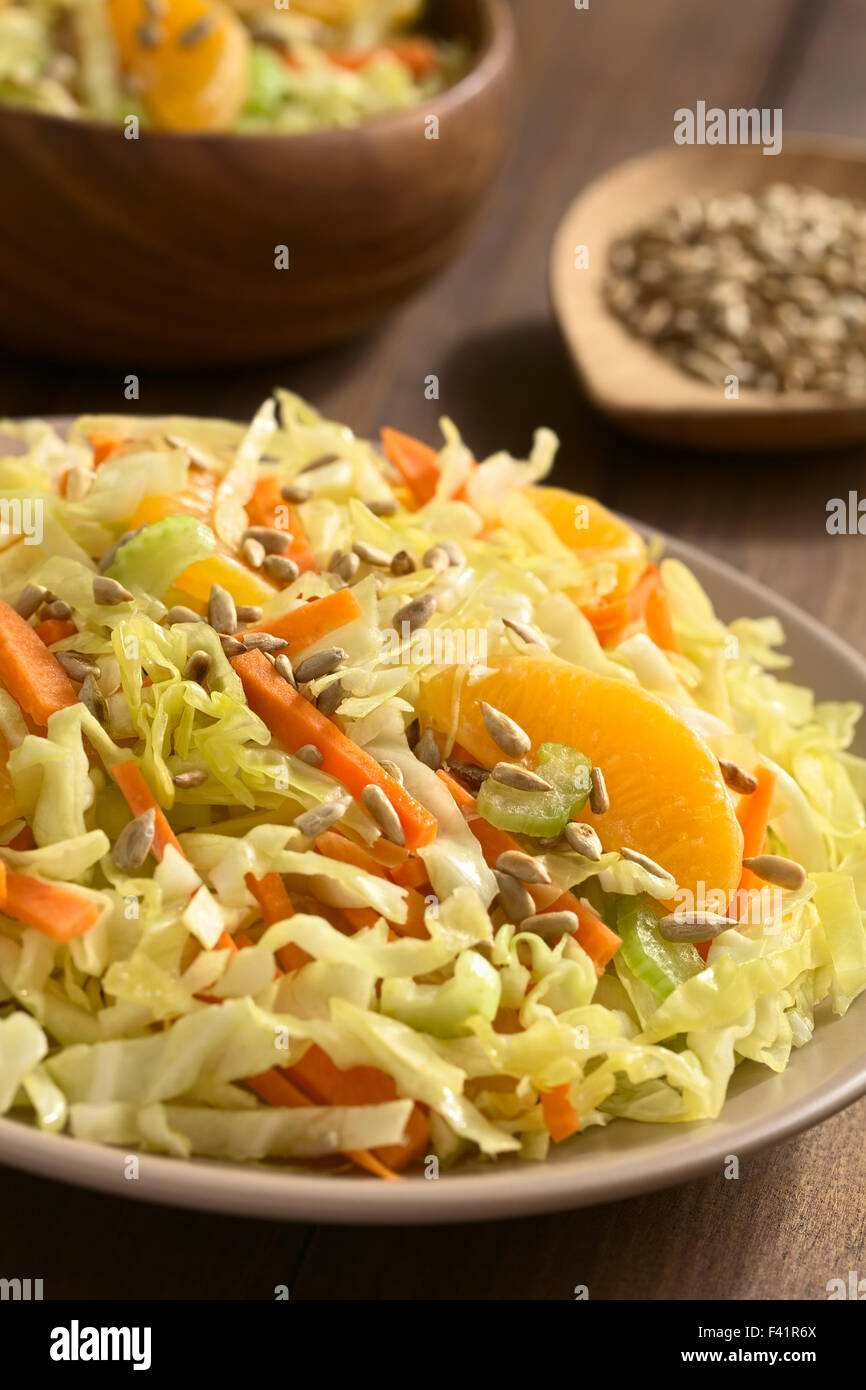 Insalata fresca fatta di cavolo verza, la carota e il sedano e arancione con arrosti di semi di girasole sulla parte superiore Foto Stock