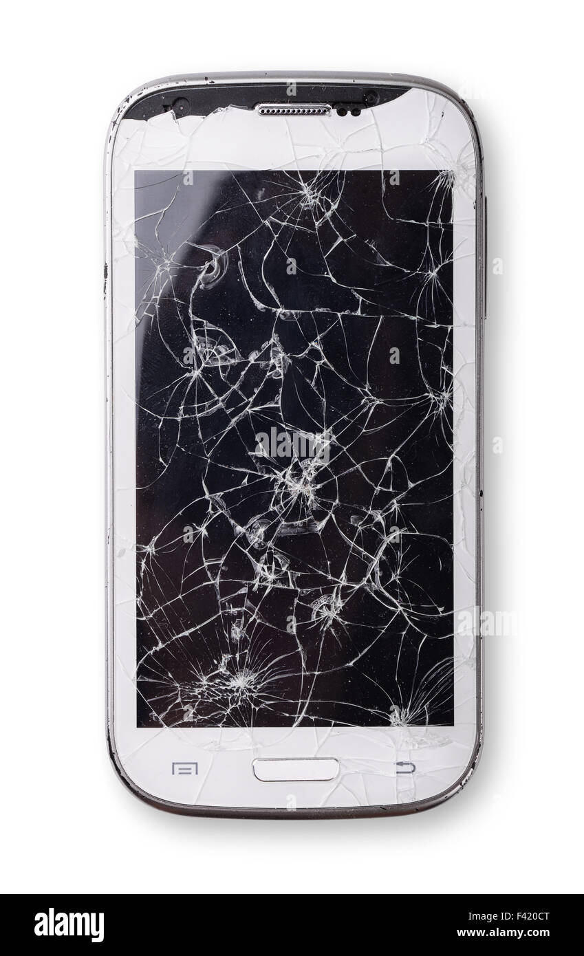 Smartphone con schermo rotto isolato su bianco Foto Stock