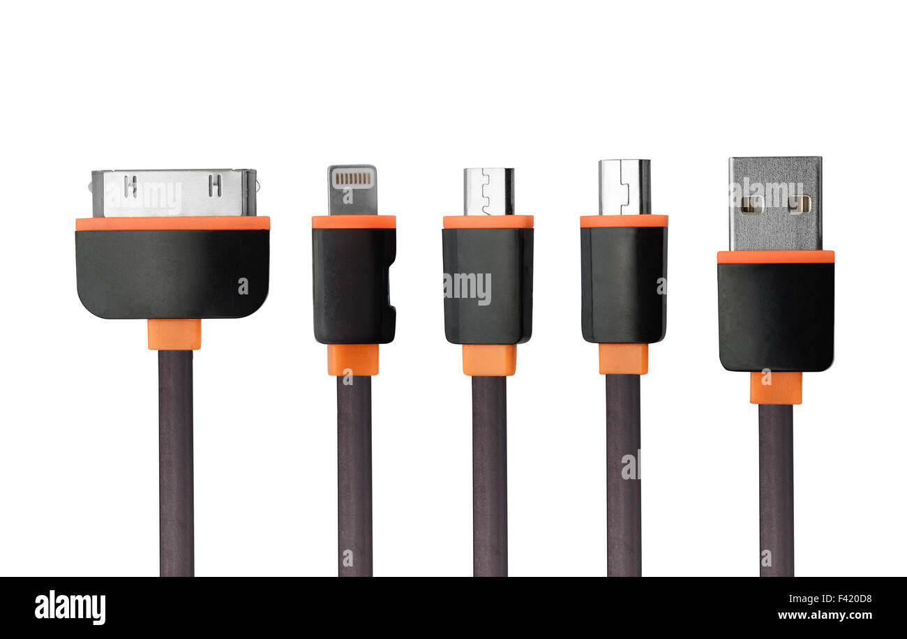 USB Charger Cable set di connettori isolati su bianco Foto Stock