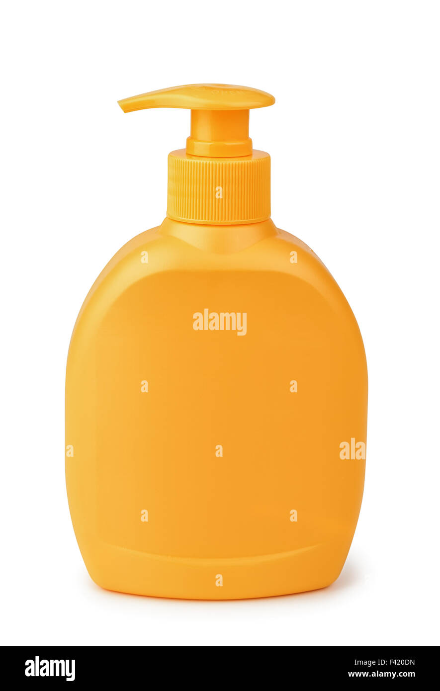 Arancione in plastica flacone dispenser isolato su bianco Foto Stock