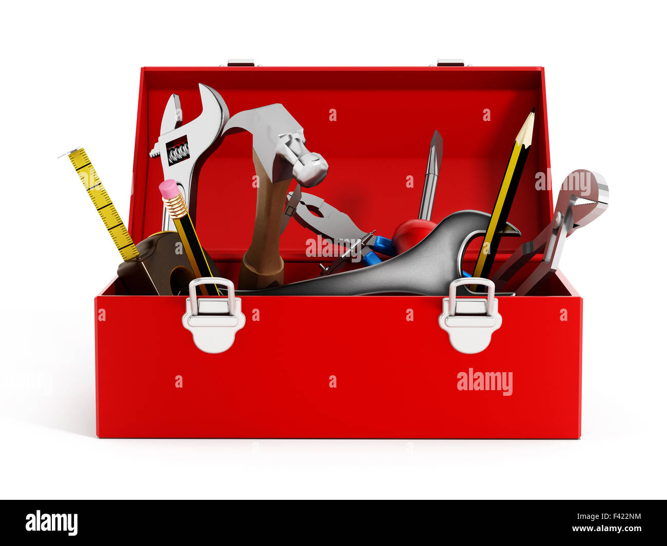 Cassetta degli attrezzi rossa piena di utensili a mano isolati su sfondo bianco Foto Stock