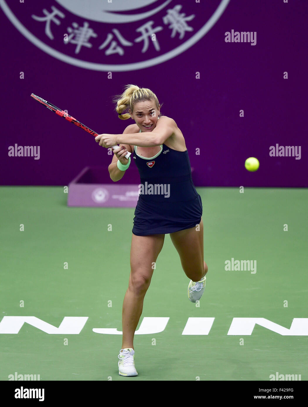 Tianjin, Cina. Xiv oct, 2015. Timea Babos di Ungheria restituisce la sfera durante il secondo turno il match contro Alison Riske degli Stati Uniti presso la Tianjin aprire il torneo di tennis di Tianjin, in Cina, il 14 ottobre 2015. Credito: Yue Yuewei/Xinhua/Alamy Live News Foto Stock