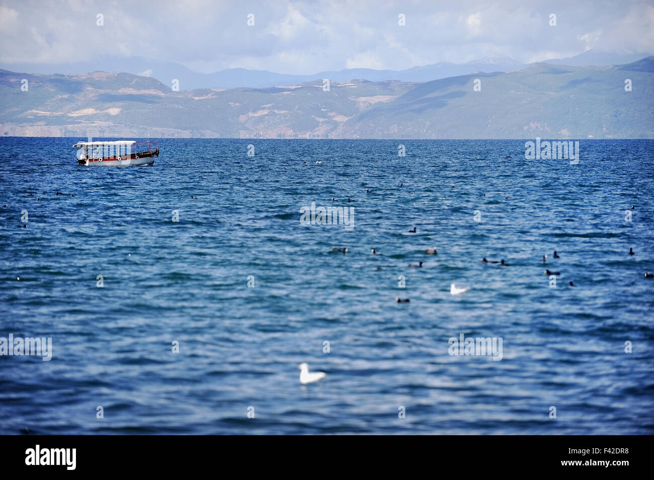 Passeggeri Crociera in barca sul lago di Ohrid in Macedonia Foto Stock