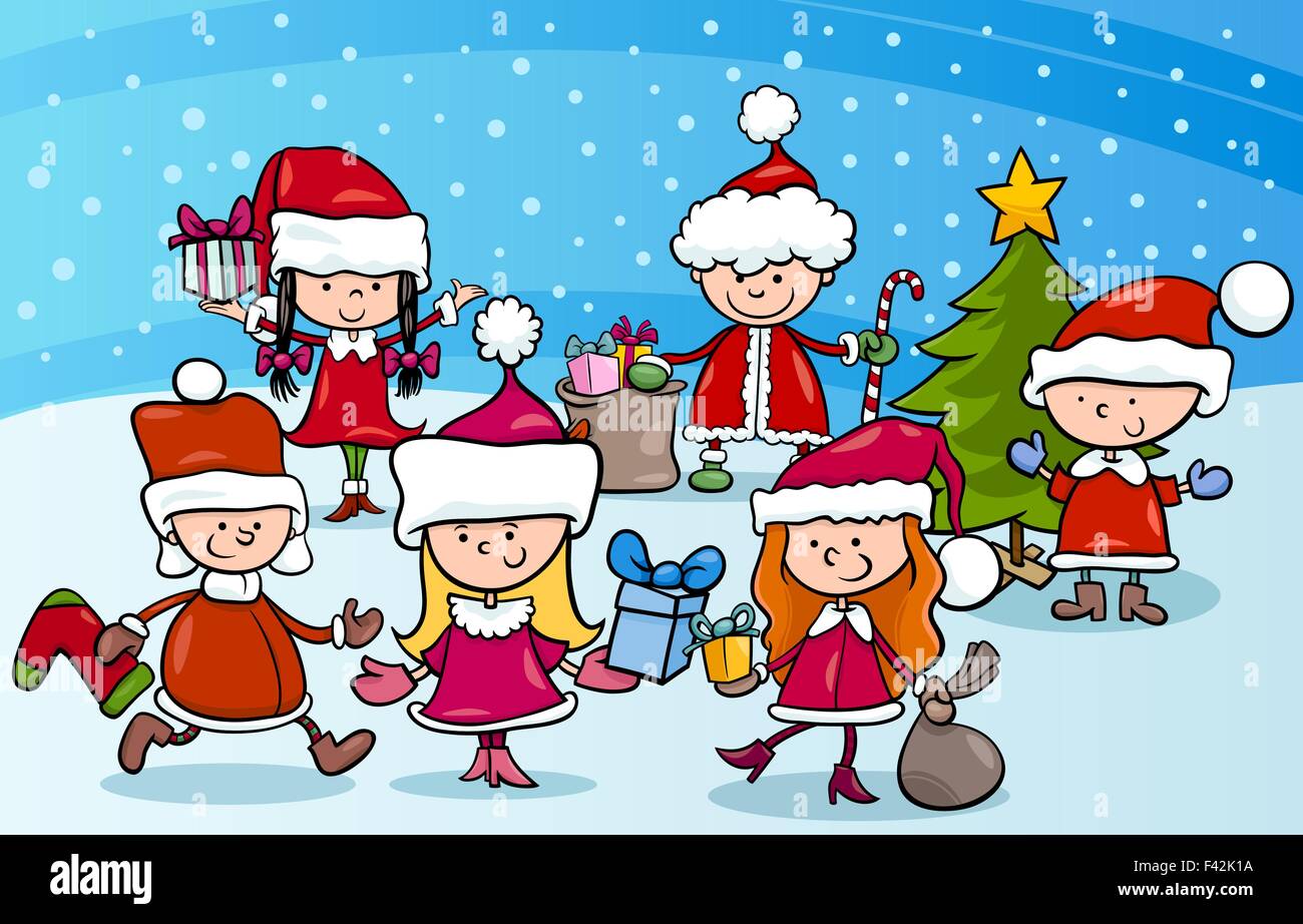 Cartoon illustrazione dei bambini come Babbo Natale il tempo di Natale Illustrazione Vettoriale