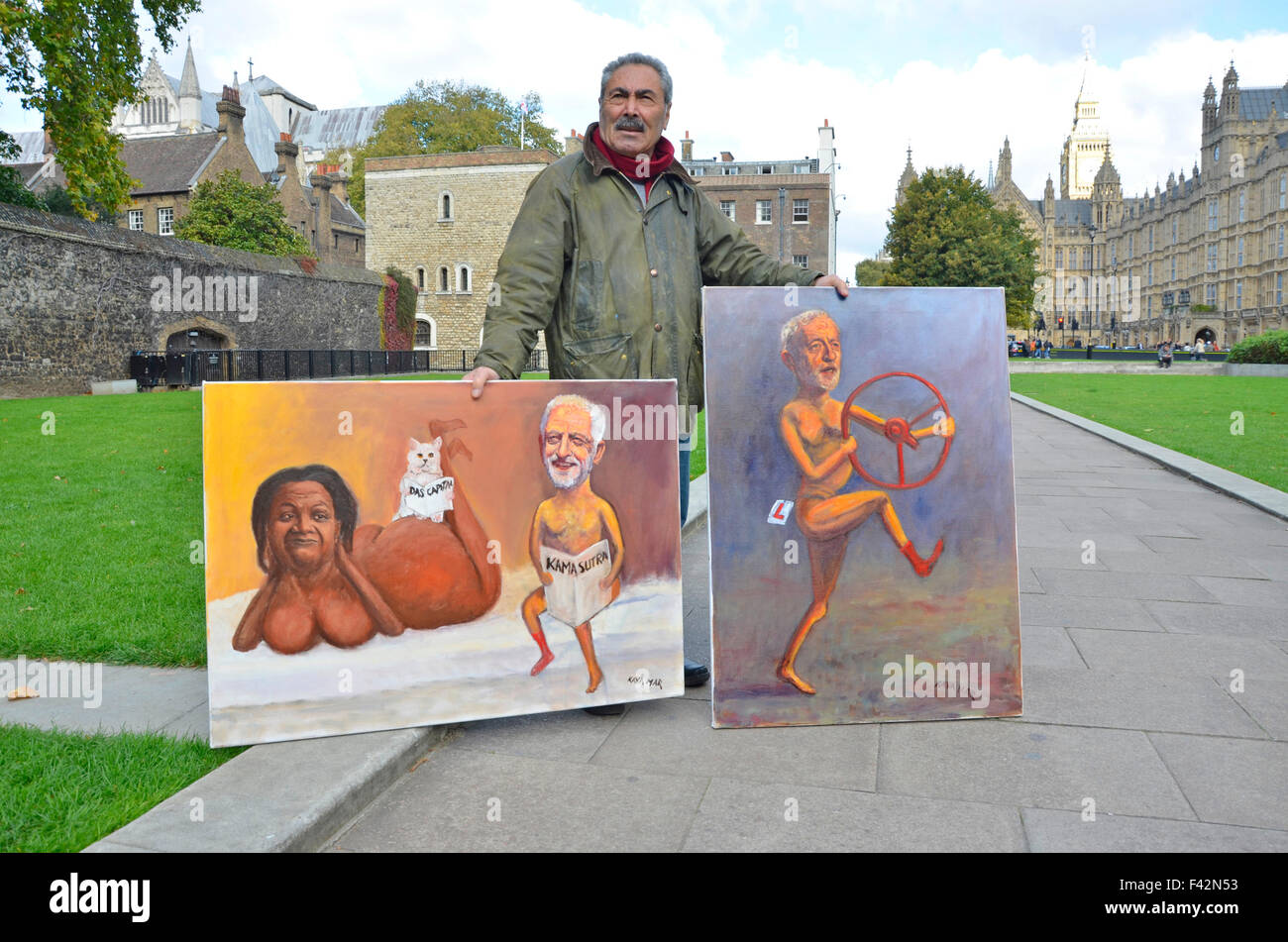 Londra, Regno Unito. 14 ottobre, 2015. Artista satirico Kaya Mar al di fuori della sede del Parlamento come il nuovo leader laburista Jeremy Corbyn prende parte al suo secondo Primo Ministro le domande di credito all'interno: PjrNews/Alamy Live News Foto Stock