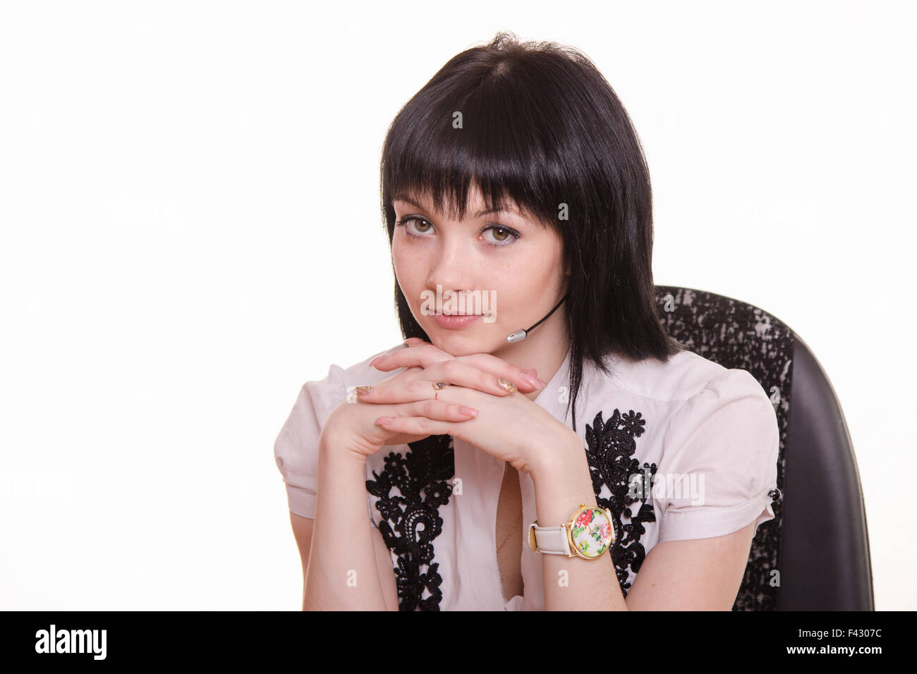 Ritratto di call-center dipendente in una sedia Foto Stock