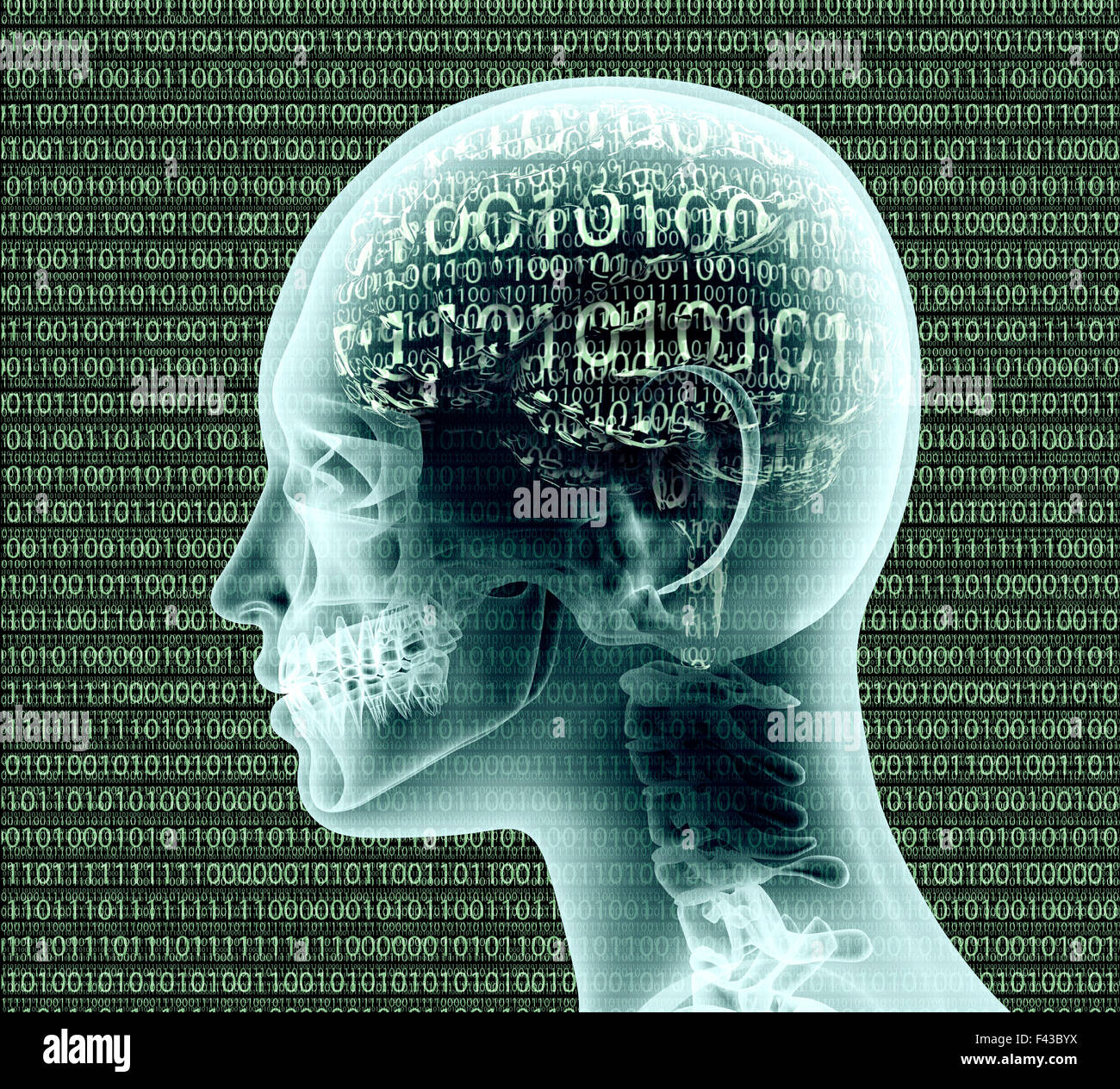 Immagine a raggi x della testa umana con codice binairy per un cervello. Foto Stock