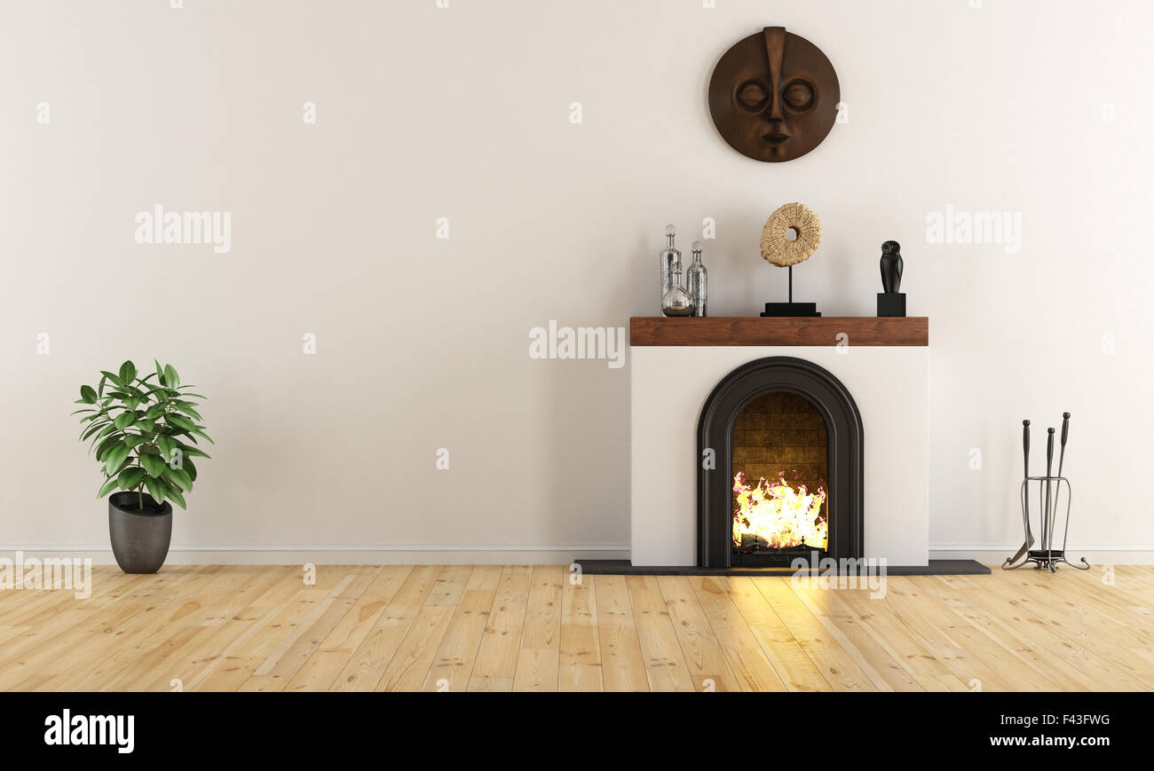 Stanza vuota con caminetto minimalista con arredamento etnico oggetti - 3D Rendering Foto Stock