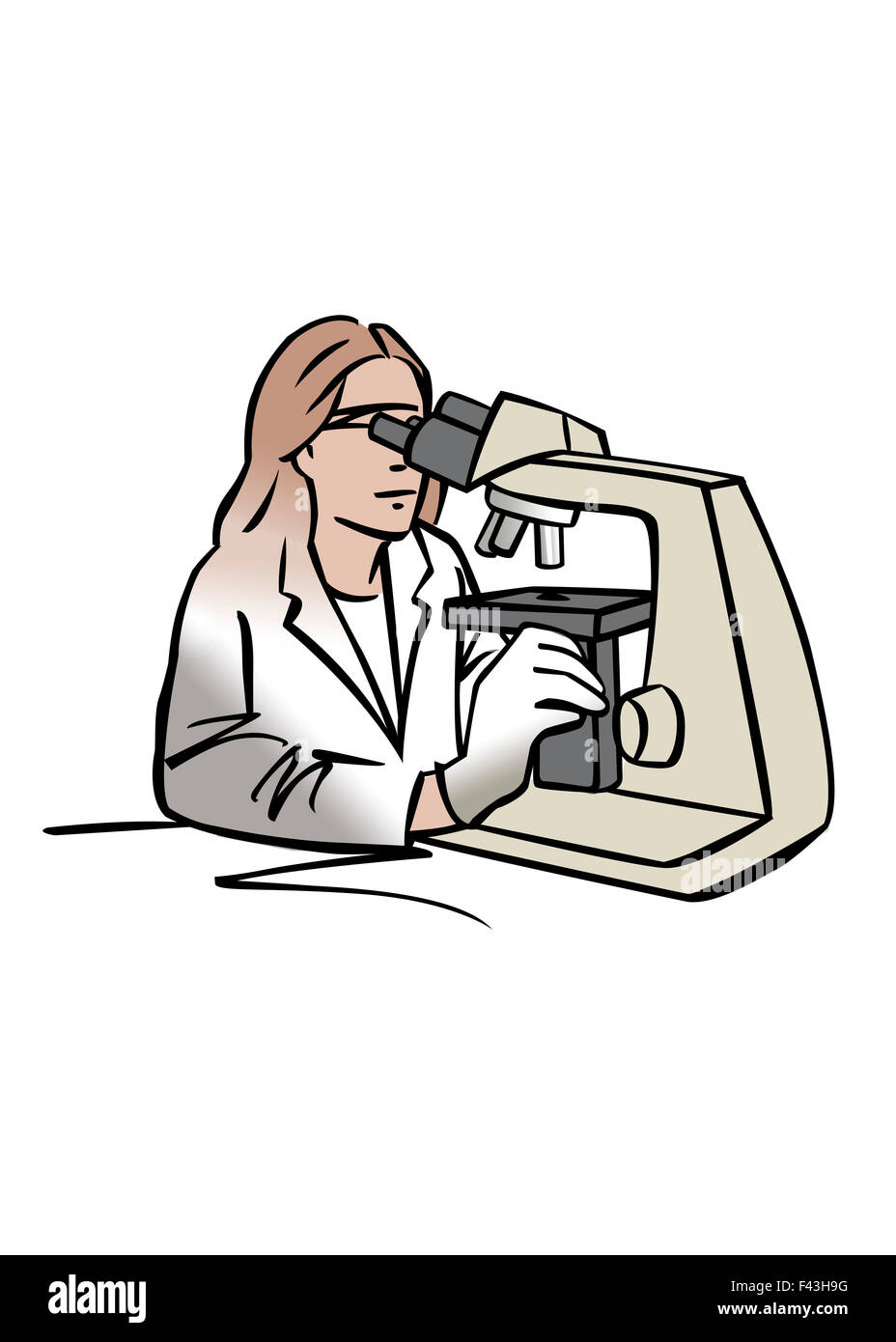 Illustrazione della donna scienziato usando microscopio Foto Stock