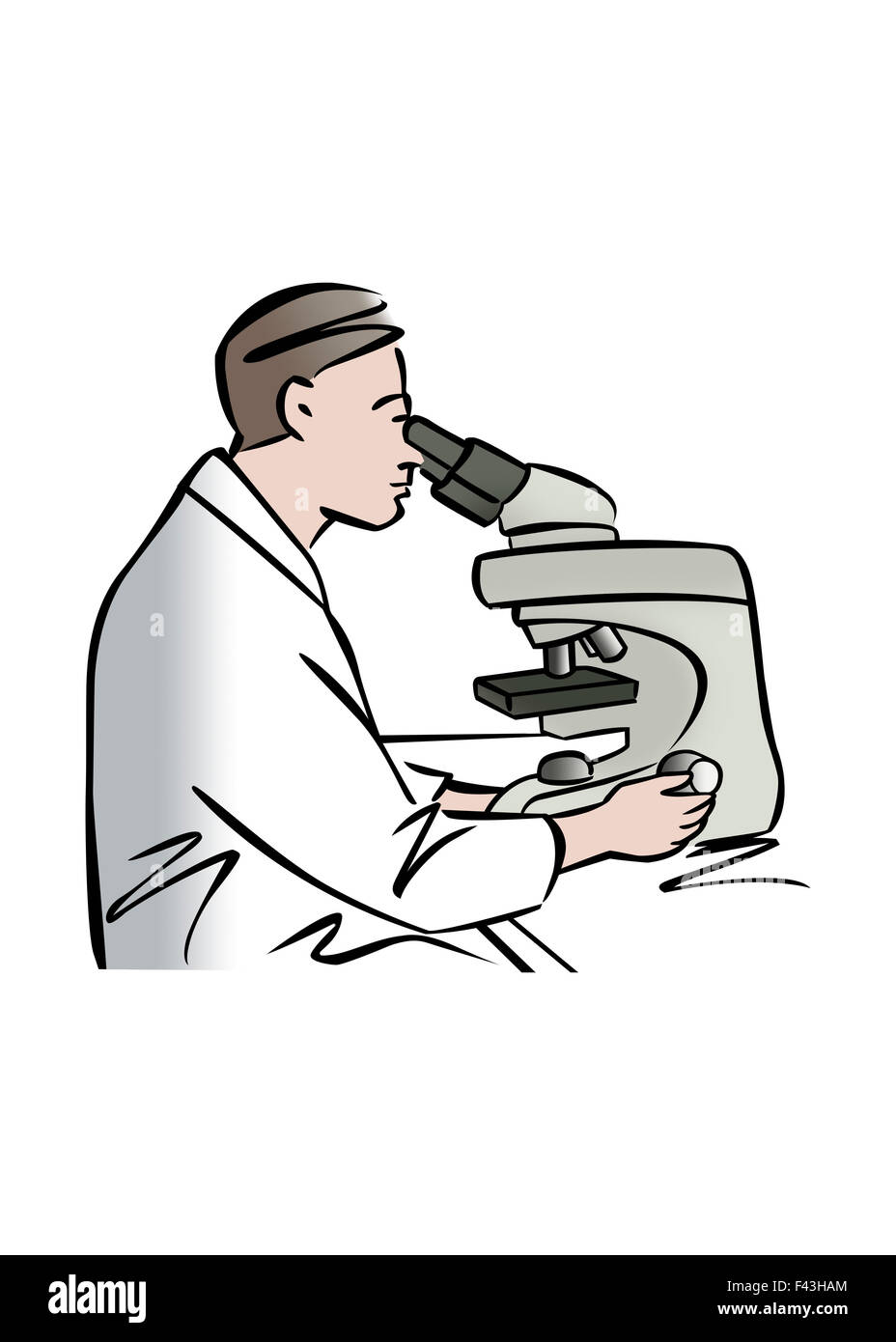 Illustrazione di scienziato maschio mediante microscopio Foto Stock