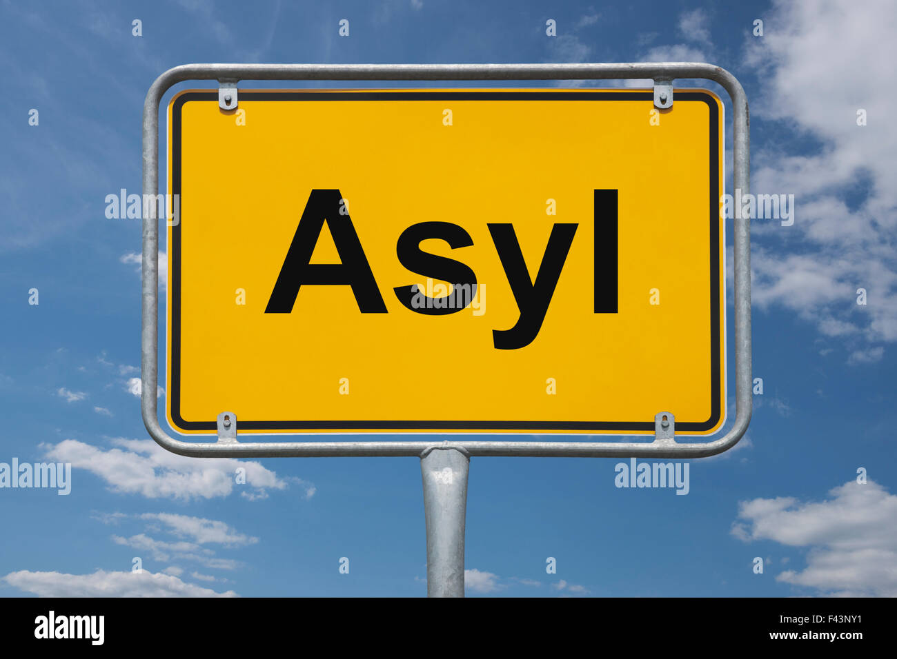 Segno di città della Germania, inizio della città con il tedesco iscrizione Asyl (asilo) Foto Stock