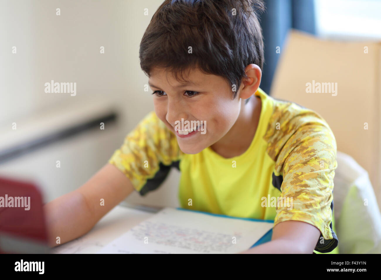 Giovane ragazzo che sta facendo il suo dovere su un computer - profondità di campo Foto Stock