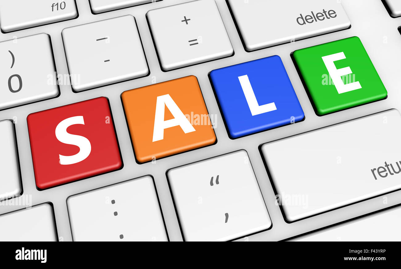 Le vendite online e il concetto di shopping con vendita segno e lettere sui notebook colorato della tastiera del computer 3d'illustrazione. Foto Stock