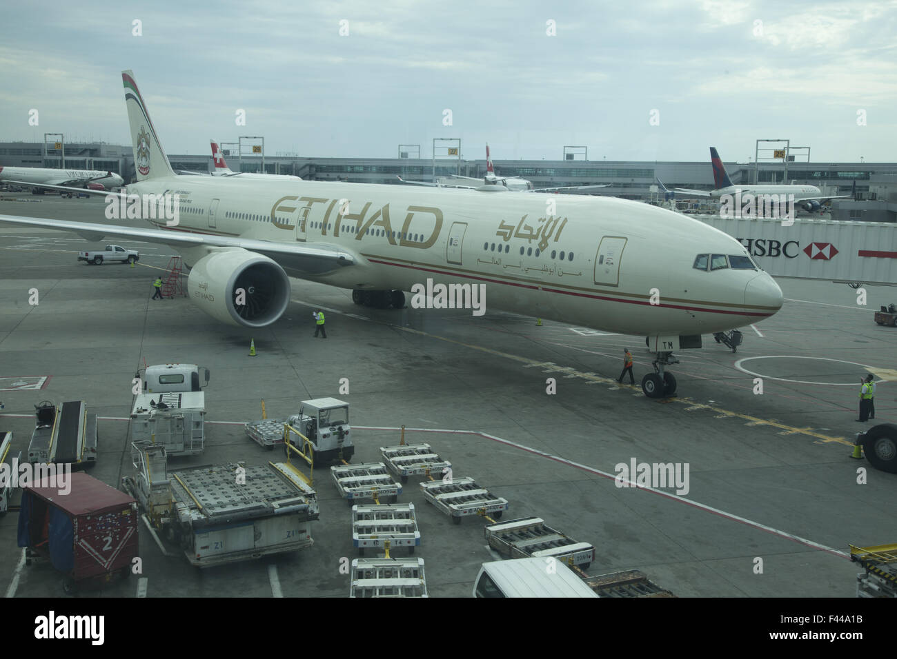 Lavoratori cargo carico su un ETIHAD airlines aereo al JFK International Airport di New York. United Arab Emirates Airlines Foto Stock