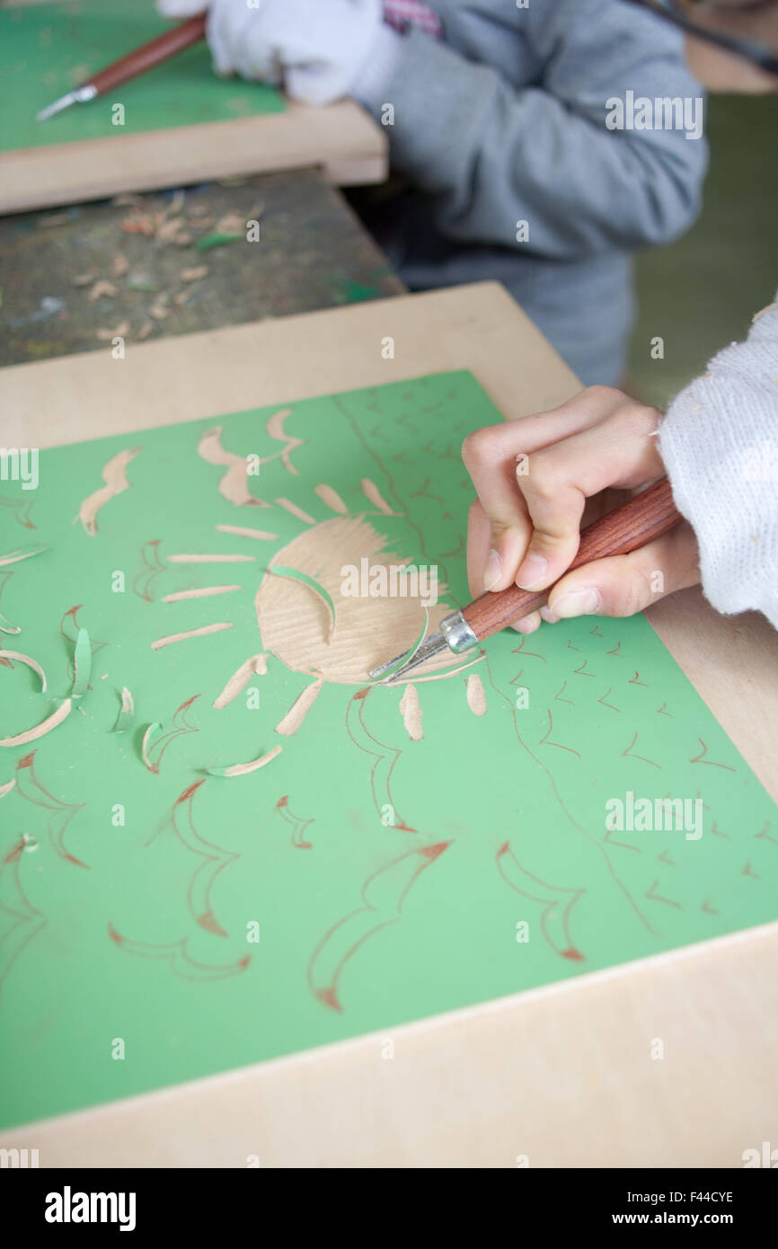 Linocut linoleum carving carving al tramonto Foto Stock