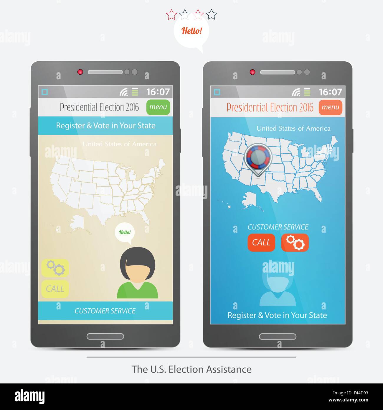 Icone dello smartphone e gli Stati Uniti elezioni presidenziali assistenza con applicazione usa mappa. vettore di governo con supporto Illustrazione Vettoriale