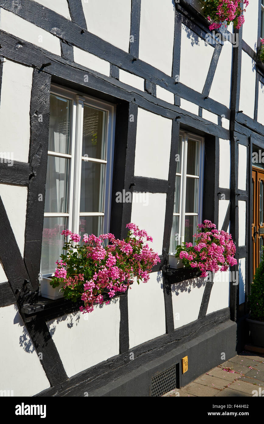 Windows tipica di metà-Timber house a Nideggen, Renania settentrionale-Vestfalia, Germania, Europa Foto Stock