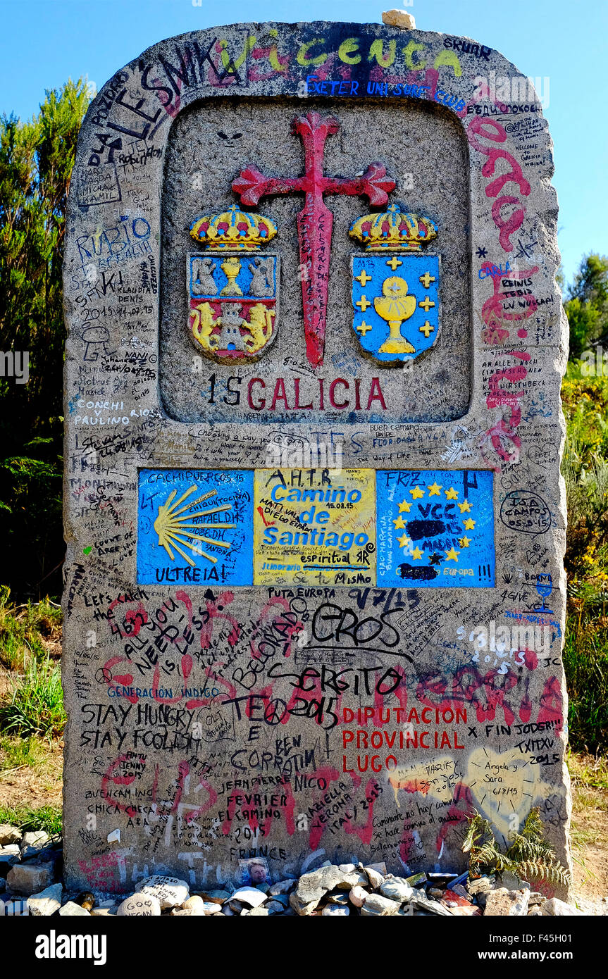 Fase cardine che segna l'ingresso nella regione spagnola della Galizia sul cammino di san Giacomo (Camino de Santiago), Spagna Foto Stock