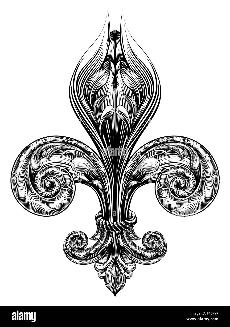 Fleur de Lis elemento decorativo o simbolo araldico in un vintage stile woodblock Foto Stock