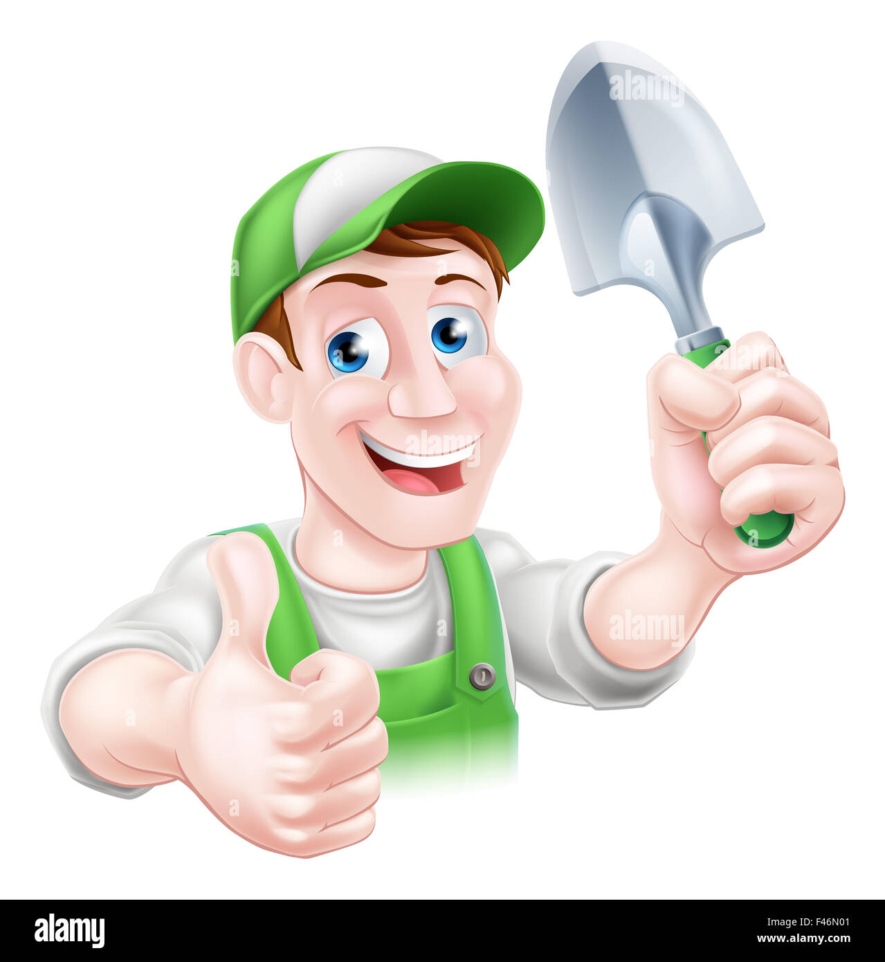 Un cartoon giardiniere carattere in un cappuccio e salopette da verde tenendo un giardino cazzuola attrezzo e dando un pollice in alto Foto Stock