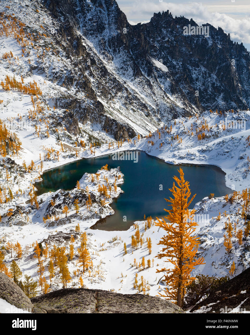 Incanto laghi a inizio inverno neve con i larici cuscinetto Foglie di autunno, Alpine Lakes Wilderness, Cascata centrale gamma, Washington, USA, novembre 2011. Foto Stock