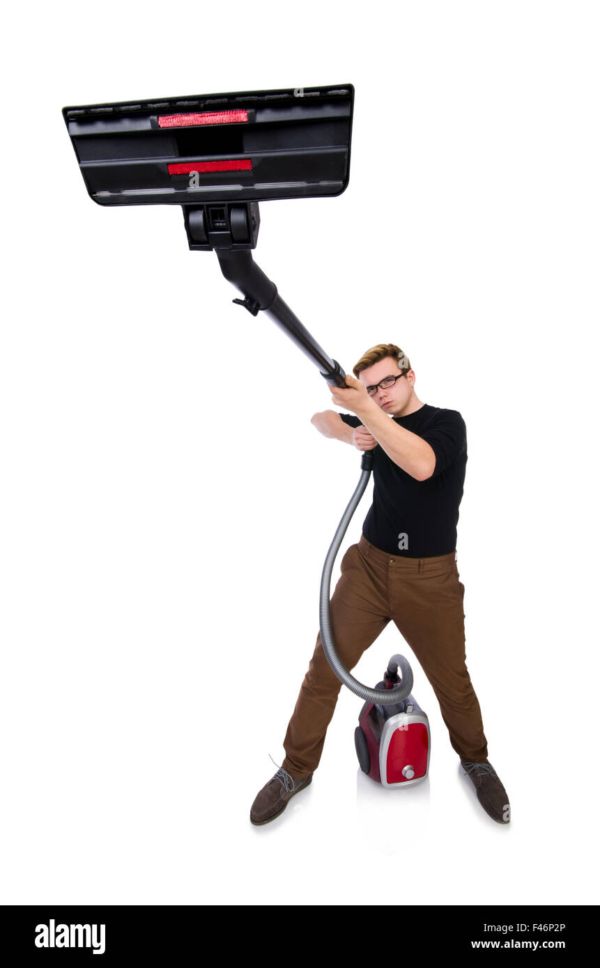 Funny Man con aspirapolvere su bianco Foto Stock