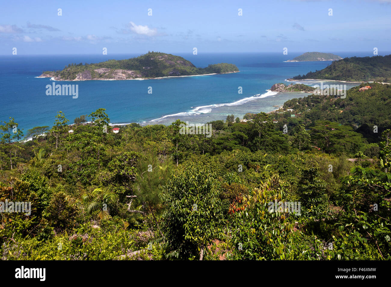 Vedute della costa e del mare di Port Glaud, Ile Teresa posteriore sinistro, l'Isola di Mahe, Seicelle Foto Stock