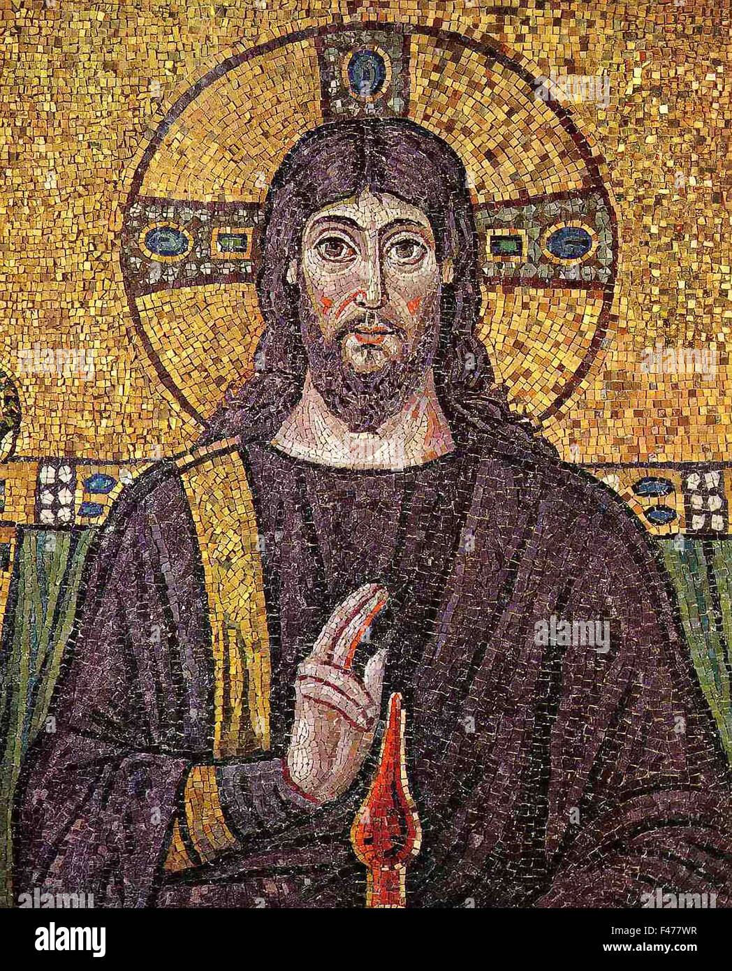 5779. Gesù Cristo, dettaglio del mosaico databili dal 6th. C, chiesa di Sant'Apollinare Nuovo, Ravenna, Italia Foto Stock