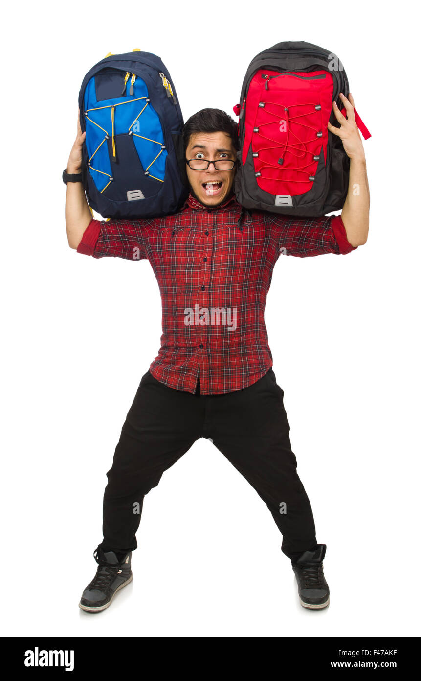 Giovane uomo con sacchetti isolato su bianco Foto Stock