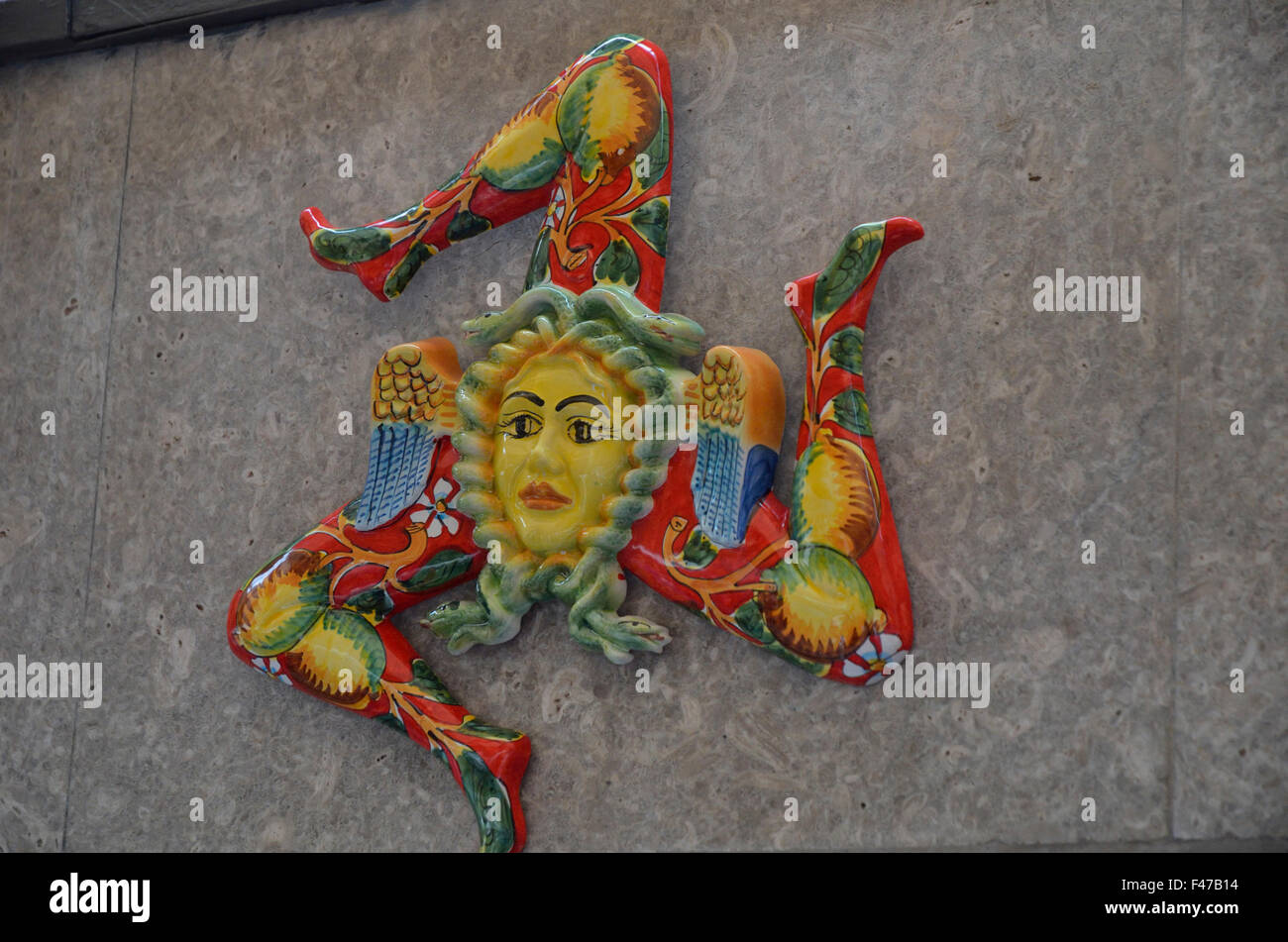 Trinacria, tre gambe figura, Taormina, Sicilia, Italia, Europa Foto Stock