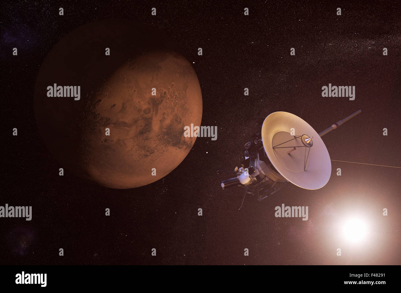 Illustrazione Digitale di un veicolo spaziale senza equipaggio avvicinando Marte Foto Stock