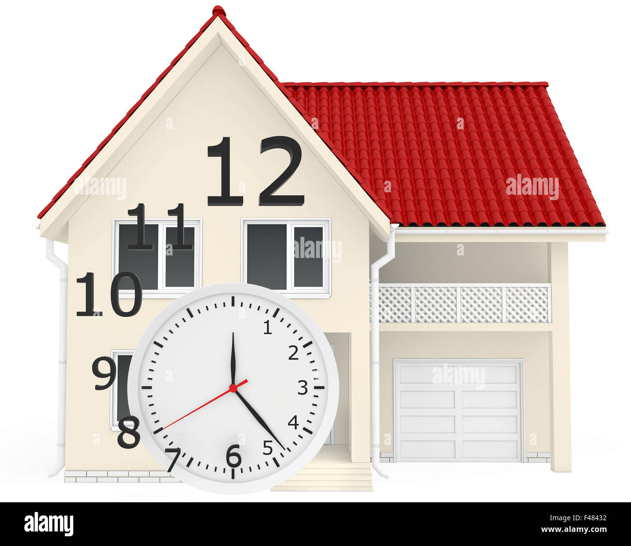 La casa con il tetto rosso e numeri di clock battenti. Il tempo di lasciare la vendita di beni immobili Foto Stock