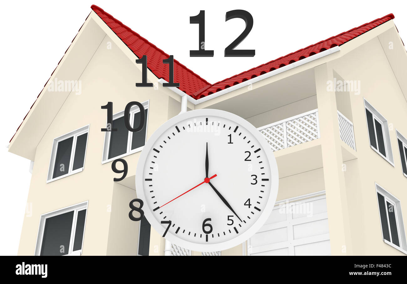 La casa con il tetto rosso e numeri di clock battenti. Il tempo di lasciare la vendita di beni immobili Foto Stock
