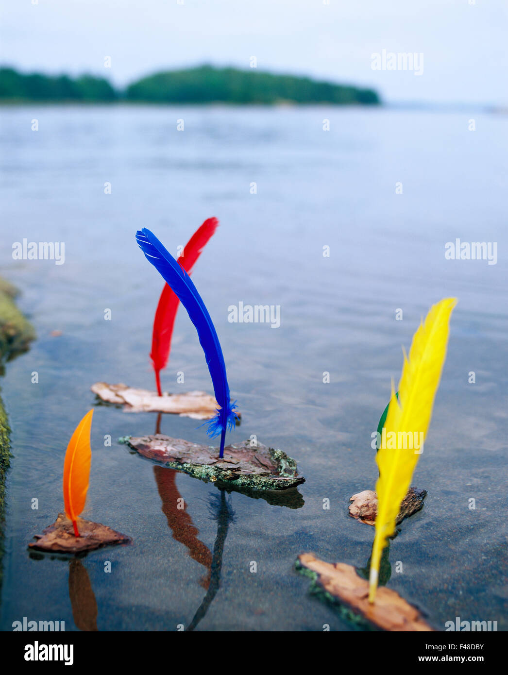 Corteccia barche con colorate piume in mare, Svezia. Foto Stock